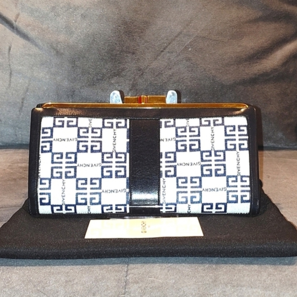 NWOT VINTAGE GIVENCHY NAVY BLUE MONOGRAM BI-FOLD SNAP LONG WALLET WITH DUSTBAG - Picture 6 of 14
